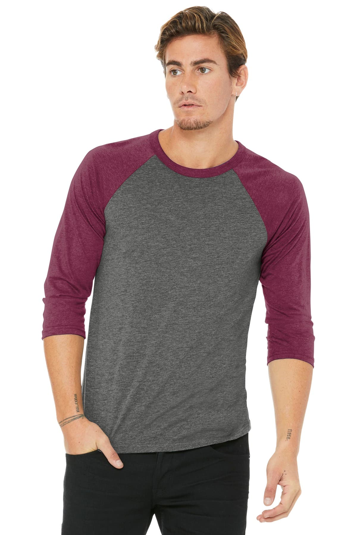 Bella + Canvas BC3200 in Grey/ Maroon Triblend β custom apparel by Jam 4 Apparel